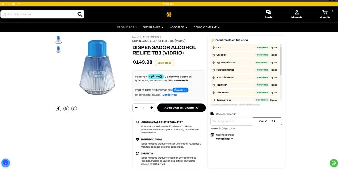 Ficha de producto con disponibilidad de inventario en tiempo real por sucursal
